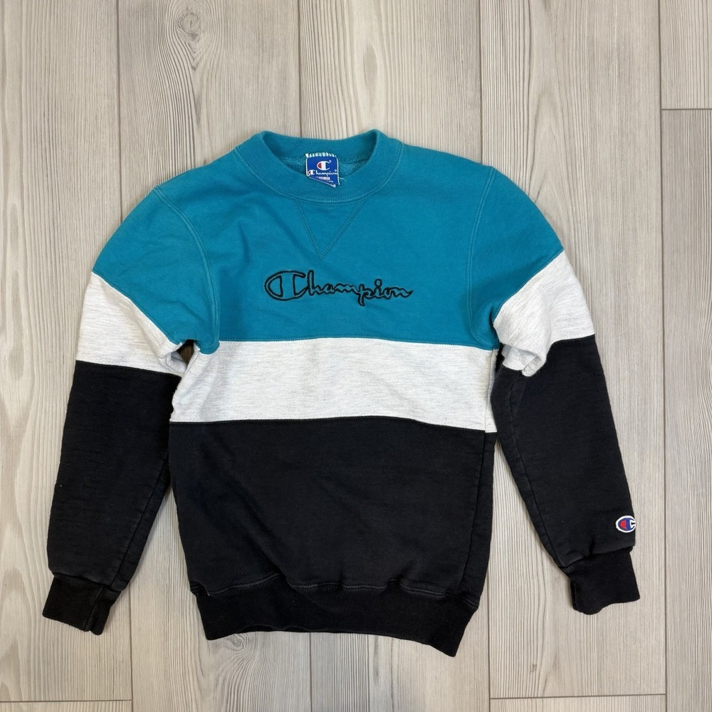 Vtg 90s‎ Champion Boys Medium Teal Spell Out Colorblock Striped Sweatshirt USA